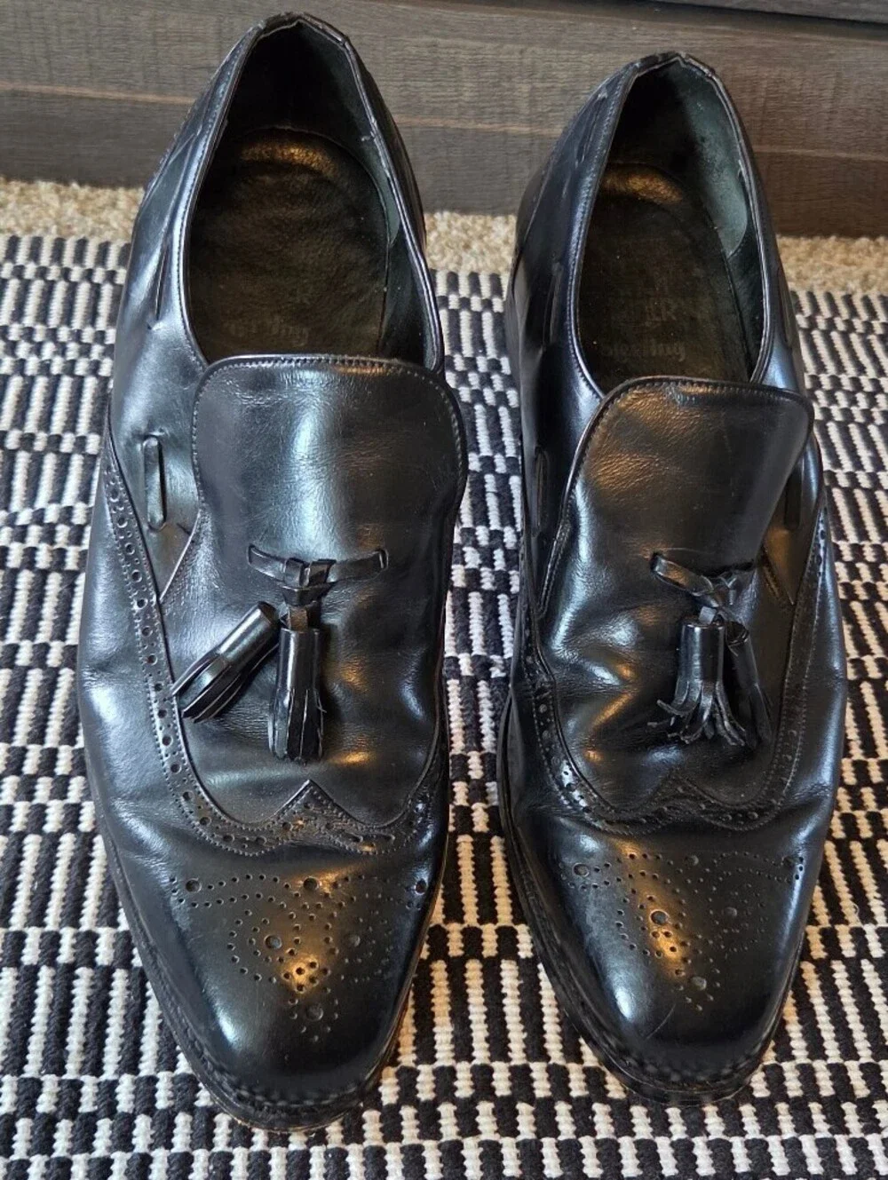 French Shriner Sterling Mens 11 E Black Leather Wingtip Tassel Slip-on Loafers